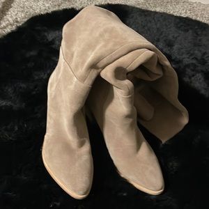 These are nude satin shoes they’re a knee length brand new never been worn.